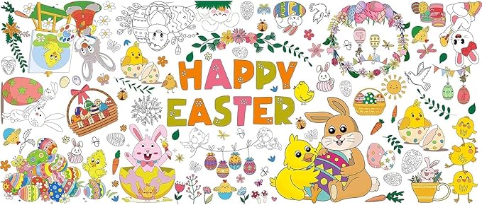 AinDen Easter Coloring Tablecloth for Kids, Giant 72 x 30 Inch Coloring Poster, Easter Party Decorations Table Cloth for Crafts Activities, Classroom & Home & Office (Multicolor-Easter)