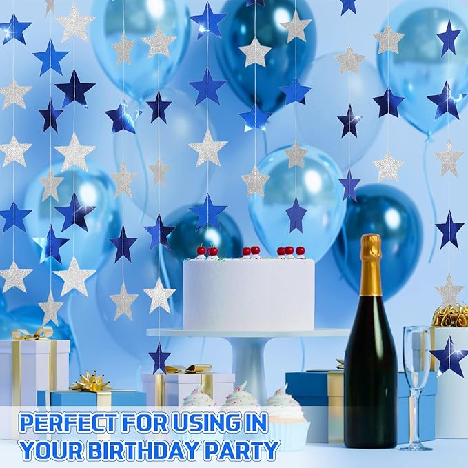 Spakon 65 Feet Glitter Star Shaped Paper Garland Banner Hanging Decoration Star Streamer Double Side 2026 Graduation Decorations for Wedding Birthday New Year Party Decoration(Silver and Blue)