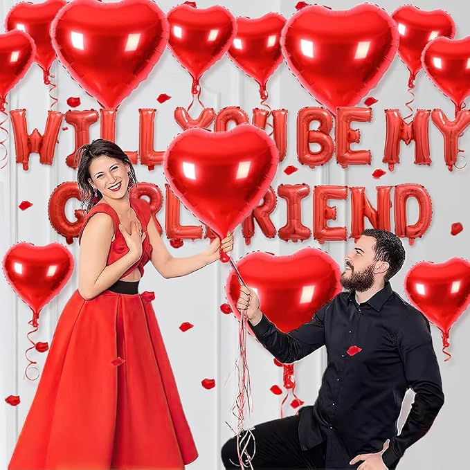 2 set 16 inch Will You be My Girlfriend Balloons and Heart Balloons with 1000 Pieces Rose Petals, Red Letter Balloon for Her Valentines Day Decorations Wedding Anniversary Engagement