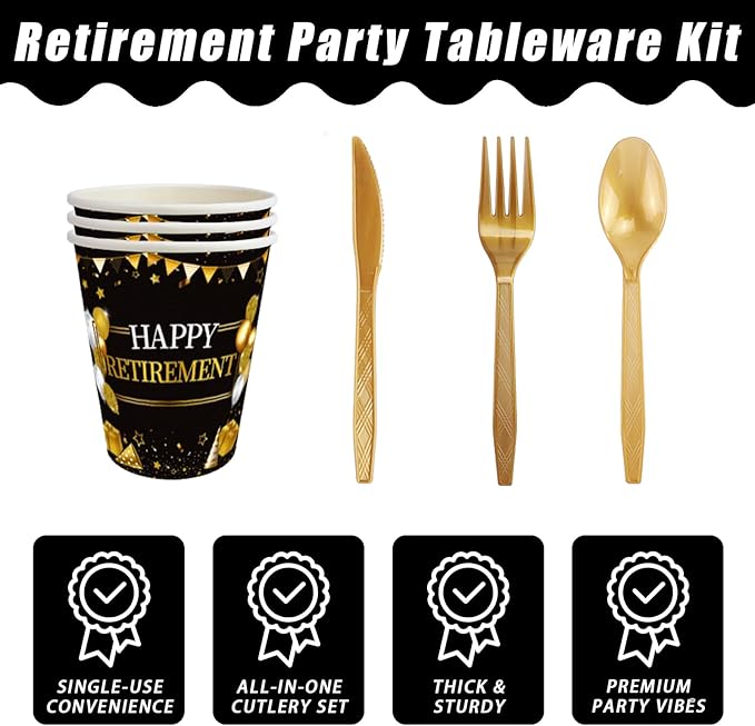 168 Pcs Retirement Party Supplies, Black Gold Happy Retirement Party Decorations for Women Retired Paper Plates Napkins Cups, Plastic Forks Knives Spoons for Going Away Decorations