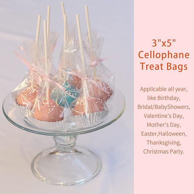Yotelab Cake Pop Bags, 3x5 Inches Clear Cellophane Lollipop Bags With Twist Ties,100 Pcs
