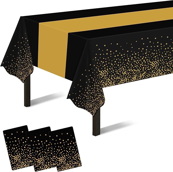 Childom 3 Pack Graduation Tablecloth,Graduation Decorations Class of 2026 Graduation Party Decorations,54"x108" Black and Gold Plastic Table Cloth Disposable for Home,School,Birthday,Wedding,Parties