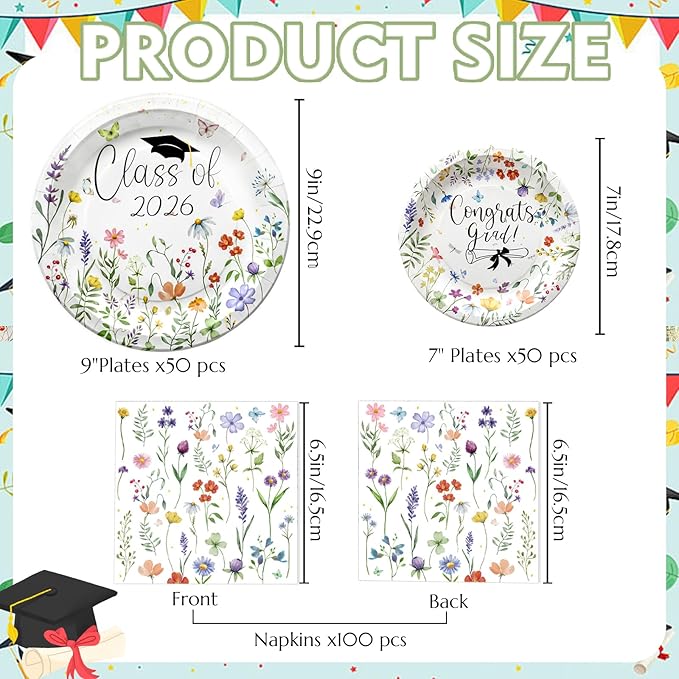 2026 Graduation Party Decoration Plates Set, Wildflower Graduation Disposable Paper Plates & Napkins, Class of 2026 Dessert Floral Dinnerware Set for Congrats Grad Spring Birthday Party Decor