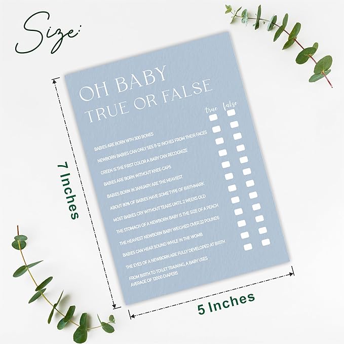 Oh Baby True Or False Game Kit - Minimalism Mist Blue - 30 Fill In Game Cards & 1 Answer Card, Gender Reveal & Baby Announcement Party Favor & Decor - B04
