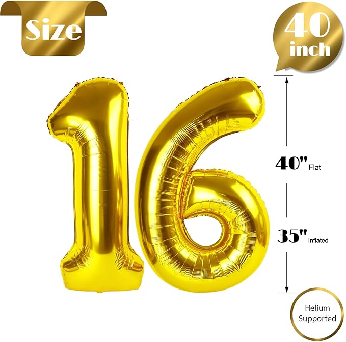 16 Balloon Number, Gold Number 16th Birthday Balloons 40 Inch, Sweet Sweet 16 Years Old Gold Birthday Decorations for Boys Girls, 16th Anniversary Decorations