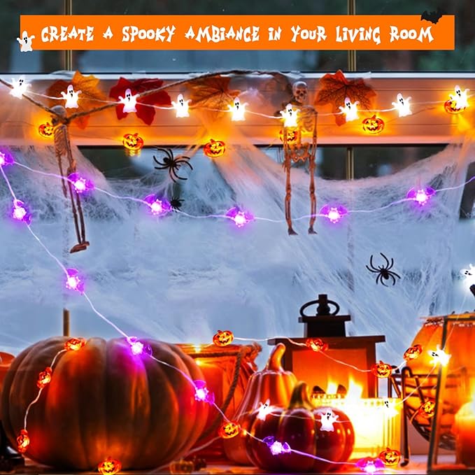 Halloween String Lights, Pumpkin Ghost Bats Mini Halloween Lights with Timer Indoor Battery Operated 9.8ft 30LED Trick or Treat Decorations for Home Decor Indoor Party Holiday