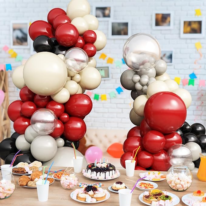 Ruby Red and Black Balloons Arch Kit, 124 Pcs Cartoon Birthday Decorations Balloon Garland, Black Dark Red Grey Nude Clear Balloons for Mouse 1st Birthday Clubhouse Decorations Party Supplies