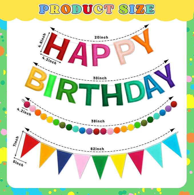 Happy Birthday Banner Decorations - Pre-Strung 3D Felt HAPPY BIRTHDAY Sign for Party Decor | Rainbow Reusable Happy Birthday Garland, Ball, Pennant Flag (1-Rainbow)