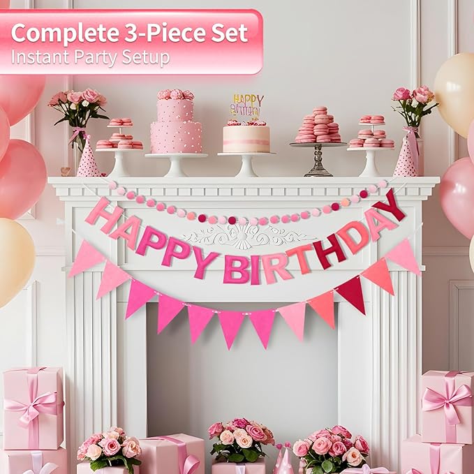 Pre-Strung Happy Birthday Banner & Felt Garland Set - Ombre Pink Birthday Decorations for Women Girls | Reusable Party Supplies for Indoor & Outdoor