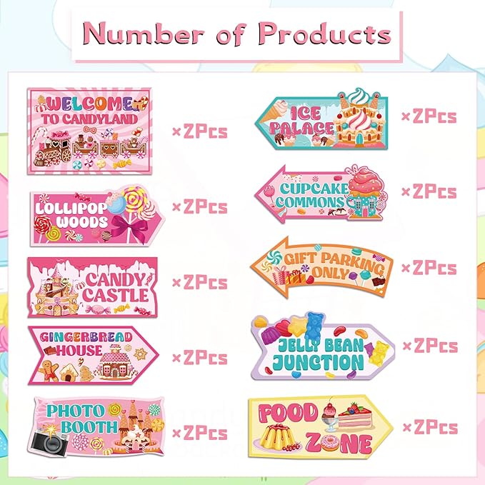 Candyland Party Decorations Signs, 20PCS Welcome Candy Land Birthday Decor Sweet Candy Theme Party Supplies for Women Girls, Street Arrow Directional Signs Christmas Decor Indoor Outdoor