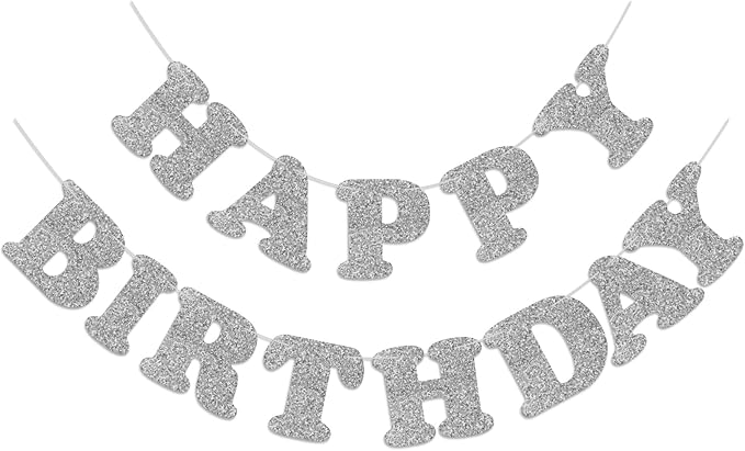 Glitter Silver Happy Birthday Banner Birthday Party Decorations Sign Garland Bunting Banner for Wall Decor Party Background for Kids Boys Girls Adults