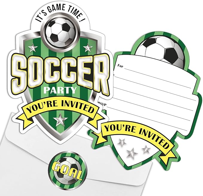 REWIDPARTY Soccer Birthday Party Invitations with Envelopes & Stickers（Set of 15）Soccer Game Shaped Fill-in Invitations Soccer Party Invite Cards Soccer Sport Party Invites Supplies for Kids Adults