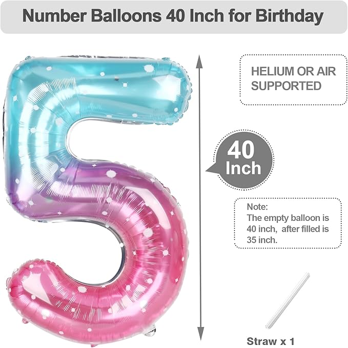 5 Balloon Number 40 Inch, 5 Balloons for Birthday Party, Pink Blue Purple Numbers Balloon for 5, 15, 25, 50 Birthday Party Decoration, Anniversary, Wedding, Single Supplies