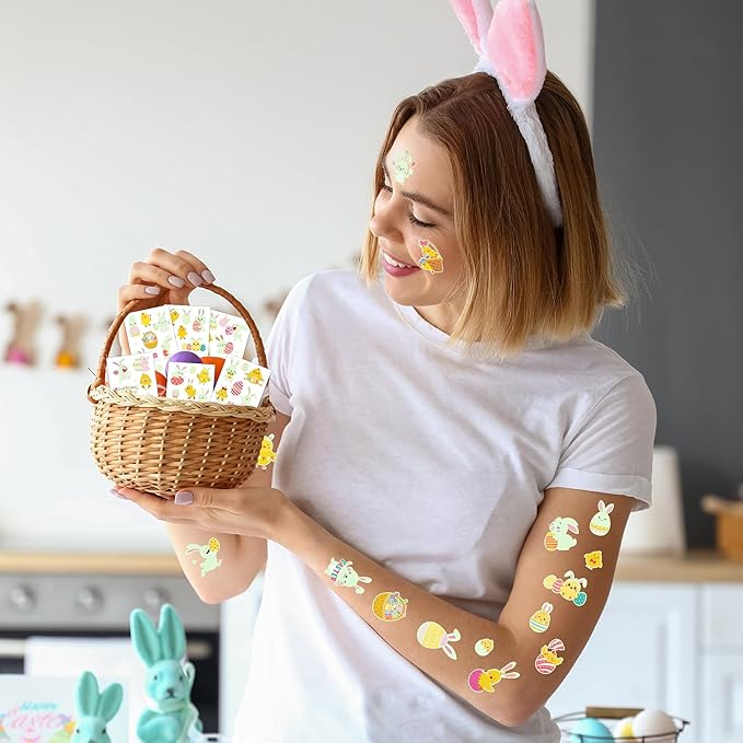 115 Pcs Easter Basket Stuffers, 12 Sheets Luminous Easter Tattoos for Egg Fillers, Fake Bunny Temporary Tattoos Stickers for Basket Crafts Decorations Gifts Egg Bags Fillers Party Favor