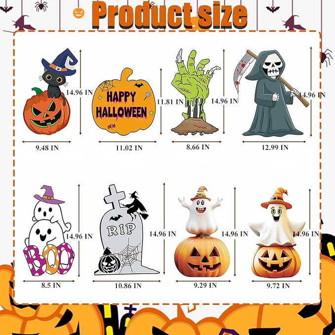 8 PCS Cute Halloween Decorations Outdoor Yard Signs,Large Yard Stakes Signs Pumpkin Ghost,Tombstone, Skeleton, Hand, Halloween Lawn Decoration for Family Friendly Kids Home Party