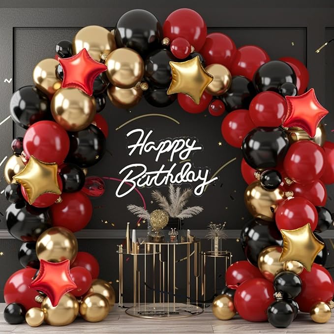 Red Gold Black Balloon Garland Arch Kit, 160Pcs Black Red Gold Latex Balloons with Star Foil Balloons for Anniversary Casino Night New Years Hollywood Movie Night Birthday Party Decorations