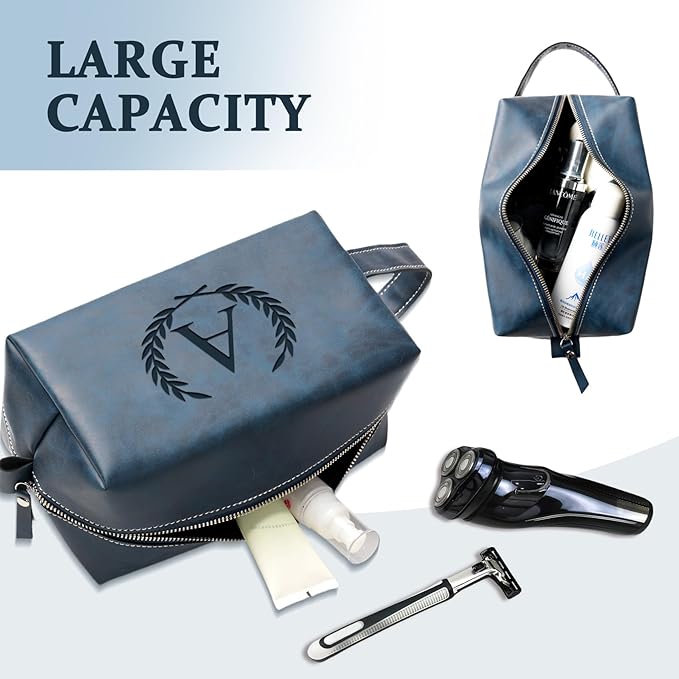 Personalized Gifts Travel Toiletry Bag for Men Engraved Initial PU Leather Waterproof Shaving Bag for Toiletries Accessories Fathers Day Birthday Gift for Men Dad Husband Son, Dark Blue S