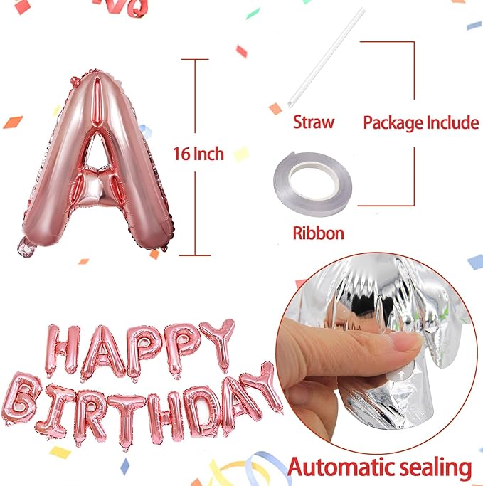 KALOR Rose Gold Happy Birthday Balloons Banner, 16 Inch Mylar Foil Letters Balloon Sign for Birthday Party Decorations Photo Booth Backdrop