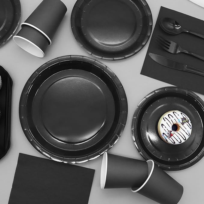 168pcs Black Paper Plates and Napkins for Halloween Birthday Anniversary Decorations, Black Plates Disposable Dinnerware Sets for Party Supplies and Party Decorations Serves 24