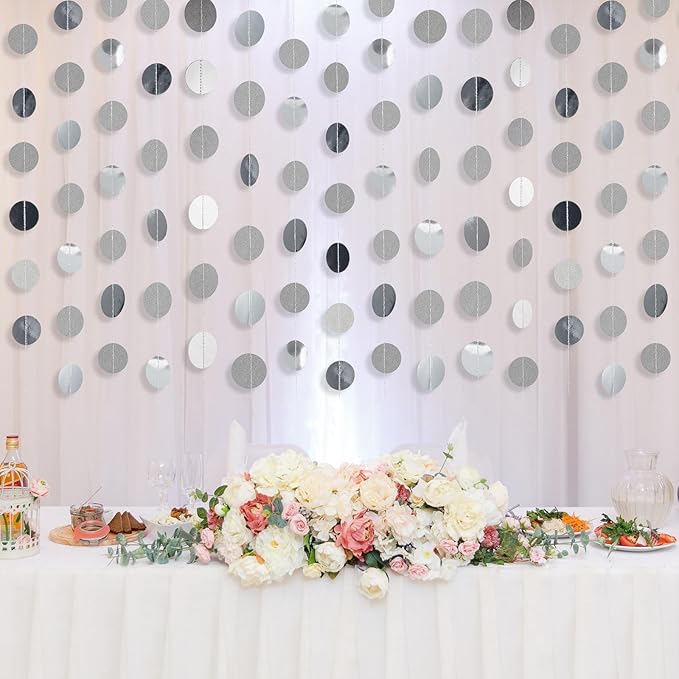 Syhood 10 Pcs Party Decorations Paper Dot Circle Garlands Glitter Streamers Hanging Banner Decor for New Year Baby Shower Wedding Birthday Backdrop Supplies (Silver)