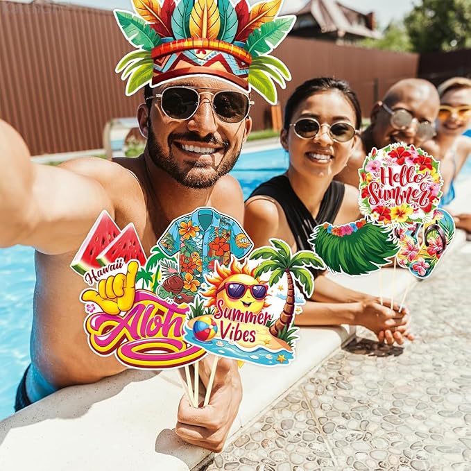 30 Pieces Luau Photo Booth Props Party Decorations Photo Props Hawaiian Themed Party Decorations Tropical Tiki Party Favors for Hawaiian Summer Pool Beach Birthday Wedding Party Supplies (Yellow)