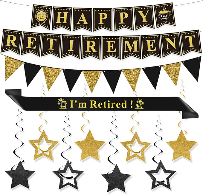 Retirement Party Decorations Black and Gold Happy Retirement Banner Gold Glitter Pennant Flag Banner Star Hanging Swirls and Sash Retired Party Supplies Office Farewell Party Decorations for Men Women