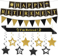 Retirement Party Decorations Black and Gold Happy Retirement Banner Gold Glitter Pennant Flag Banner Star Hanging Swirls and Sash Retired Party Supplies Office Farewell Party Decorations for Men Women