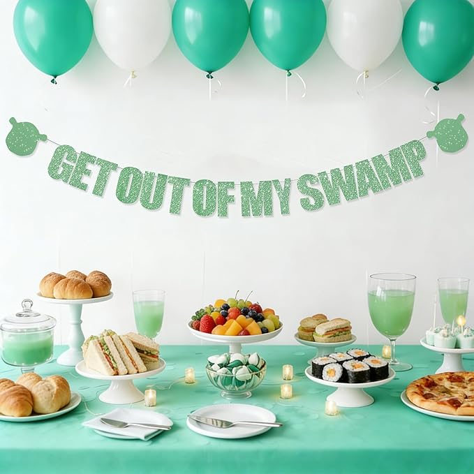 Green Glitter Get Out Of My Swamp Banner,NO DIY, Pre-Strung Birthday Party Banner Funny Housewarming Party Decorations Green Birthday Party Supplies