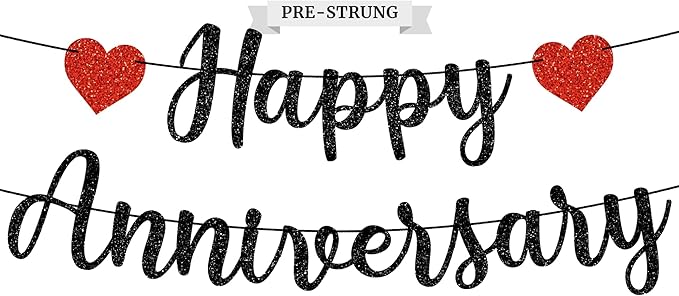 Pre-Strung Happy Anniversary Banner - No DIY - Black Glitter Wedding Anniversary Party Banner in Script - Pre-Strung Garland on 6 ft Strands - Wedding Decorations & Decor. Did We Mention No DIY