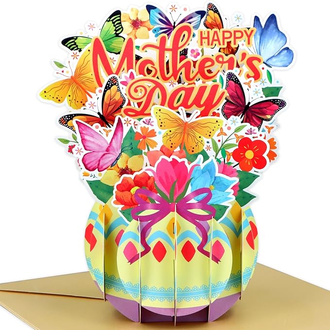 FaCraft Pop Up Mothers Day Cards - Large 7.8" Handmade Happy 3D Mothers Day Card with Butterflies & Flowers - Unique Standing Art Sculpture for Mom Grandma Wife - with Envelope