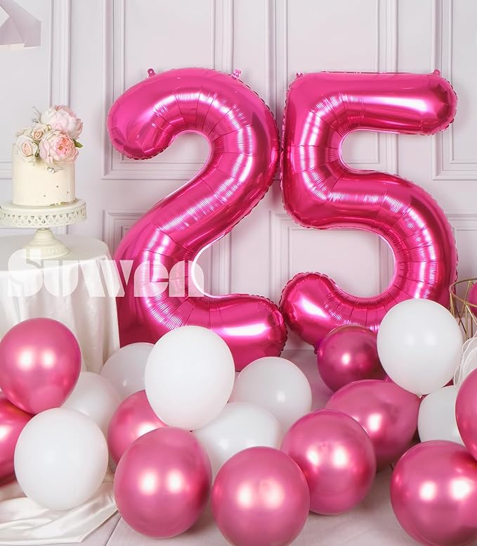 SUWEN 40 Inch Large Hot Pink 25 Balloon Numbers Big Foil Helium Number Balloons 0-9 Jumbo Happy 25th Mylar Birthday Party Decorations for Women 52 Anniversary Party Supplies