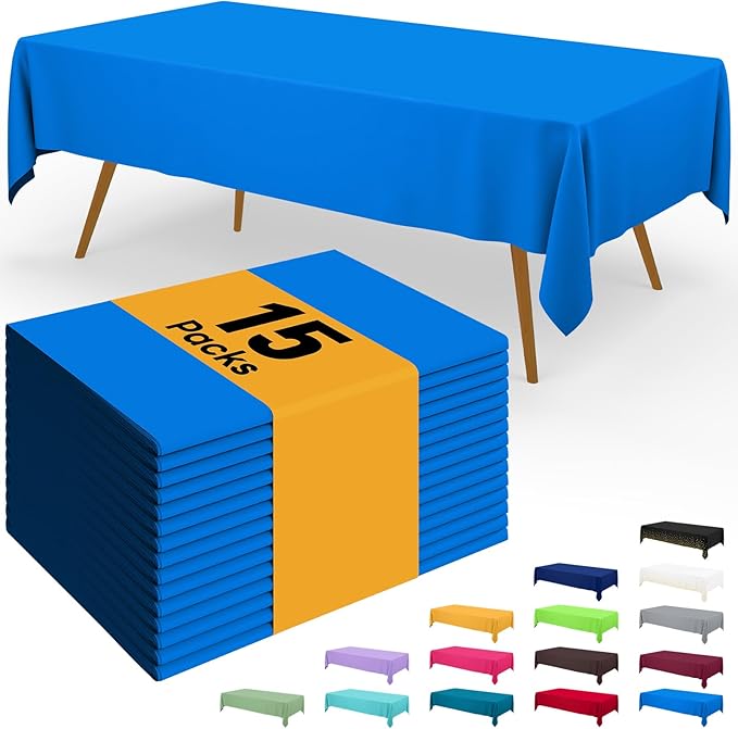 Smiry Disposable Table Cloth - 15 Pack, 54 x 108 Inch Waterproof Rectangle Tablecloths for Parties, Decorative Plastic Table Cover, Leakproof & Sturdy, Blue