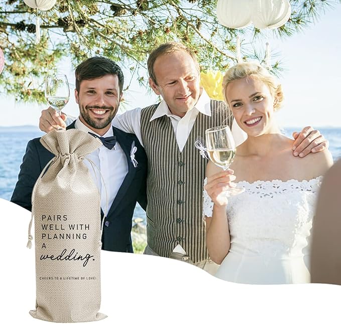 Pairs Well With Planning a Wedding Wine Bag, Engagement, Funny Personalized Burlap Drawstring Wine Bag for Friend Newlyweds, Wedding Party Decorations (J353)