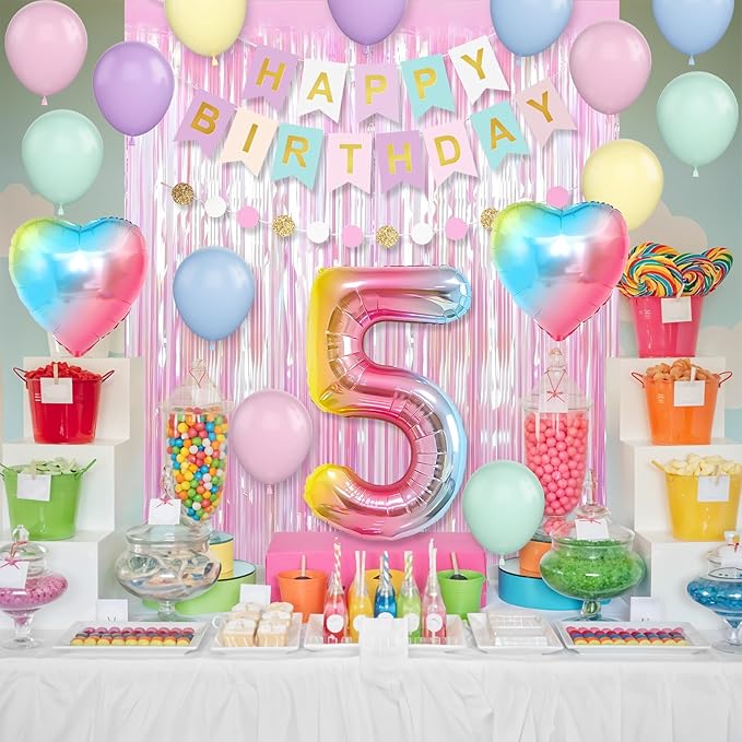5th Birthday Decorations Rainbow,Gradient Number 5 Balloon,Pastel Happy Birthday Banner Fringe Curtain Heart Foil Balloons Boys Girls 5 Year Old Decor