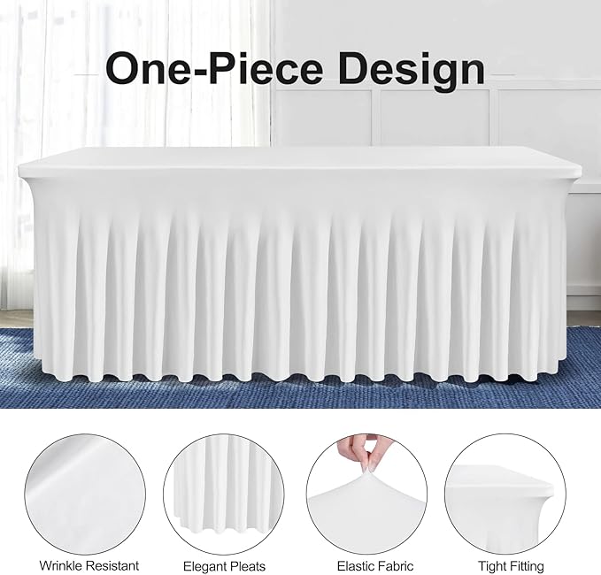 Table Skirts for Rectangle Tables 8ft - 2 Pack One-Piece White Tablecloths and Skirt, Wrinkle Resistant Ruffles Elastic Cover for Banquets, Weddings, Events, Parties