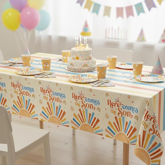 3Pcs Here Comes The Son Baby Shower Decorations Tablecloths Plastic Sunshine Table Covers Disposable Boho Sun Party Table Cloth for Boy,Here Comes The Son Baby Shower Decorations (Sunshine)