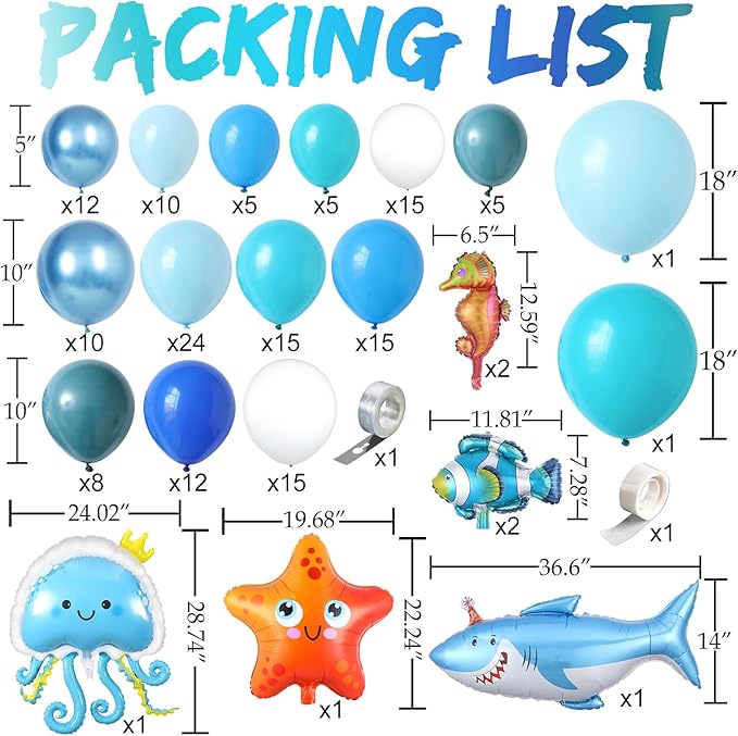 Under the Sea Party Decoration,162Pcs Mix Sky Royal Blue Balloon Arch Kit with Bubbles Starfish Shark Jellyfish Foil Balloon for Sea Animal Ocean Theme Birthday Baby Shower Beach Pool Party Supplies