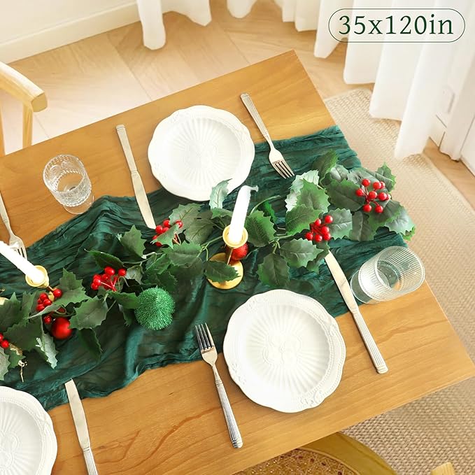 Christmas Table Runner, 10FT Cheesecloth Emerald Green Table Runners 35*120inch Rustic Vintage Table Runner for Christmas Indoor Home Kitchen Table Party Decorations