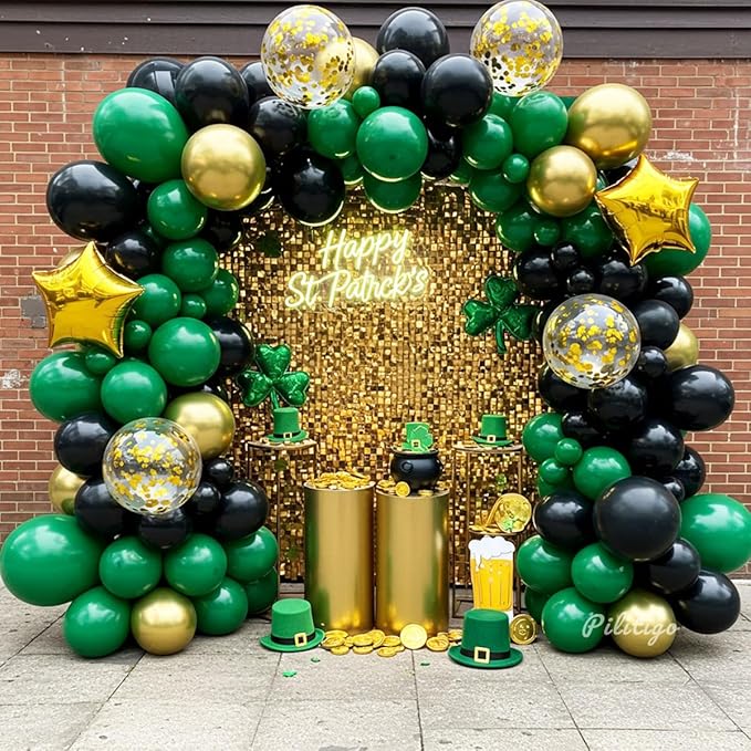 Double Stuffed Dark Green Black Gold Balloon Arch Kit - 104Pcs Emerald Green Balloon Garland with Gold Star Foil Balloons for Graduation 2026, Birthday, Wedding, Baby Shower, Jungle Party Decorations