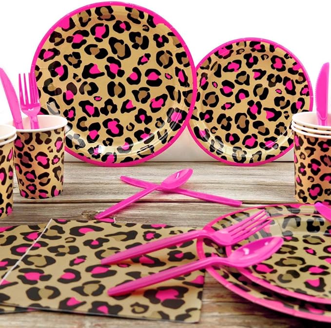 Cheetah Print Birthday Decorations, Pink Cheetah Birthday Decorations Includes Plates, Napkins, Cups, Tablecloth, Tableware for Leopard Party Serves 20 Guests