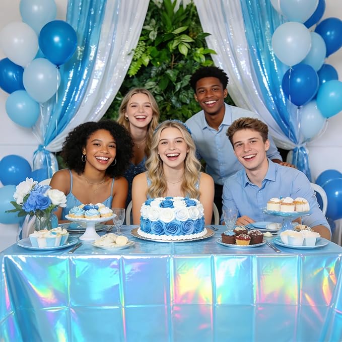 3-Pack Blue Iridescent Tablecloths, Holographic Glittering Foil Disposable Tablecloths, 54 Inches x 108 Inches, Suitable for Birthday, Wedding, and Holiday Party Decorations
