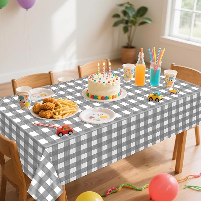 4 Pack Grey Gingham Tablecloths, Grey and White Checkered Tablecloths 86 x 51 Inches Gingham Tablecovers Rectangular Waterproof Picnic Table Covers for Birthday Party Supplies