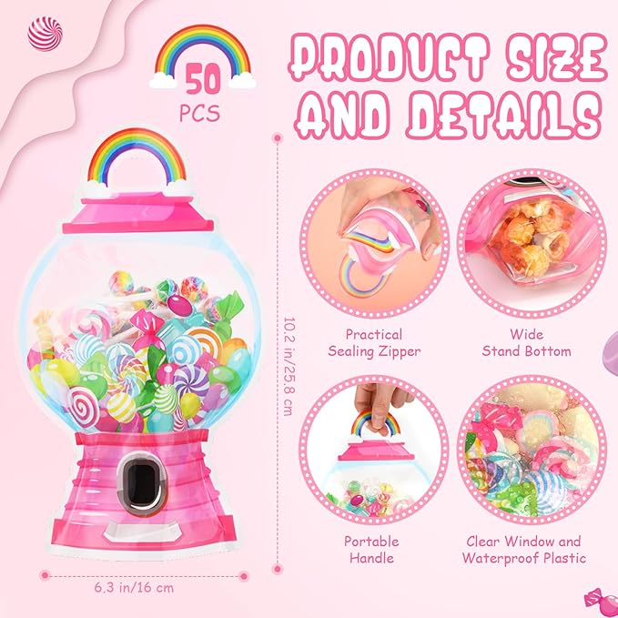 ReliThick 50 Pcs Candyland Goodie Bags with Handles, Sealed Plastic Bubble Gum Machine Treat Candy Bags Bulk Bubble Gum Gift Pouch for Candy Party Favors Snack Birthday Supplies Decorations