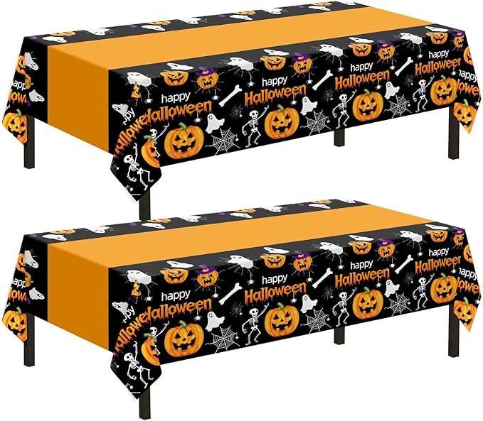 Childom 2 Pack Halloween Tablecloth,Halloween Decorations 54x108 Inch Disposable Plastic Table Cover for Rectangle,Pumpkin Spider Web Ghost Table Cloth for Home Indoor Outdoor Birthday Party Supplies