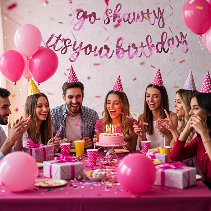 BEISHIDA Go Shawty It's Your Birthday Banner NO DIY Hip Hop Theme Happy Birthday Banner Pre-Strung Rap Theme Happy Birthday Sign for Man Women birthday Party Supply Double-Sided Bright Pink