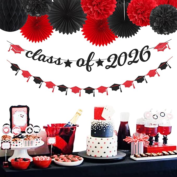 Red Black Party-Decoration Graduation Banner - 14pcs Kits Cap Garland Streamers, Paper Tissue Pom Poms Flowers Fans Honeycomb,Class Of 2026 College High School Grad Decor Hugfond