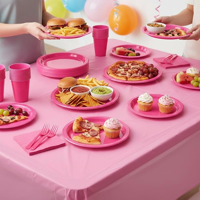 Cerise Plastic Plates Set-100 Guest 9" Dinner Plates & 7" Dessert Plates,12 oz Cups,Napkins,Forks,Hot Pink Disposable Plastic Tableware for Girls Women,Summer Party,Birthday