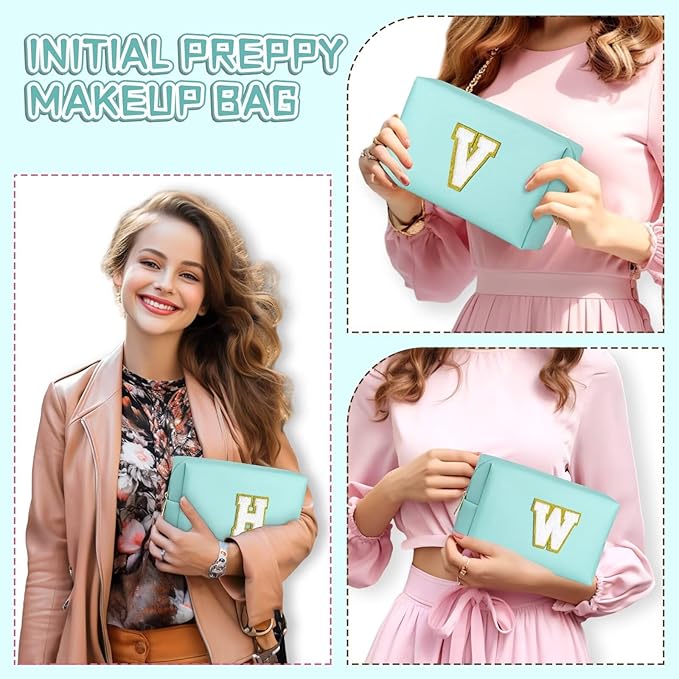 TOPEAST Preppy Makeup Bag, Small Cosmetic Travel Bags for Women, PU Leather Waterproof Toiletry Bag with Zipper, Personalized Birthday Gift for Women Girl, Preppy Gifts for Girl (Blue Y)