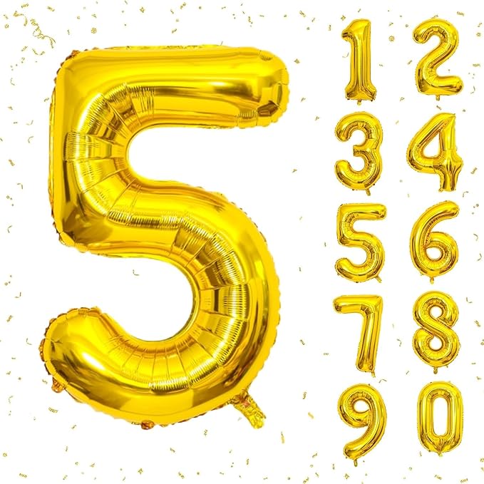 32 In Gold Large Numbers Balloons 0-9, Self Inflating Number 5 Balloons for Boys Girls, Big Gold Digit 5 Balloons for Women Men Birthday Party Anniversary Wedding Supplies Decorations