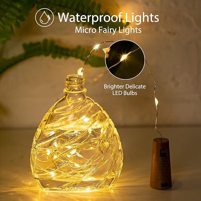 Brightown Wine Bottle Lights with Cork, 10 Pack 20 LED Waterproof Battery Operated Cork Lights, Silver Wire Mini Fairy Lights for Liquor Bottles DIY Party Bar Christmas Wedding Décor